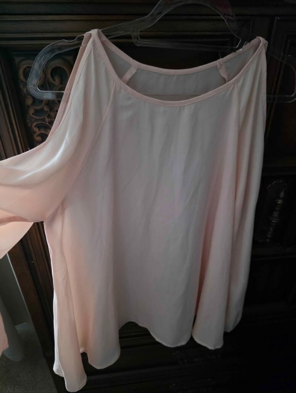 Light Peach Sheer Blouse Top, Open Shoulder, Elastic Sleeve.